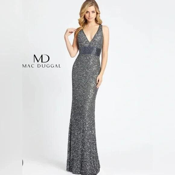 NWT Mac Duggal Sequin V-Neck Empire Waist Sleeveless Gown SZ 8 Charcoal‎ Gray - Picture 1 of 6
